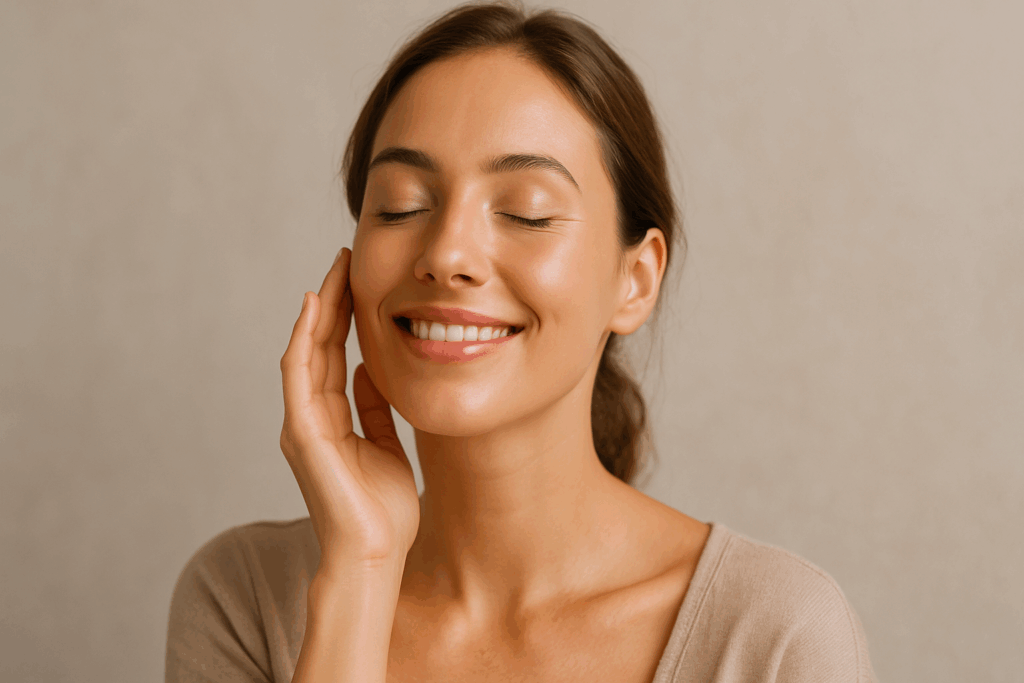 Femme souriante au teint lumineux grace au collagène marin hydrolysé