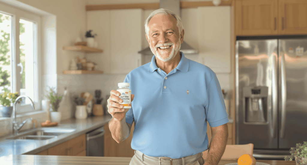 senior souriant profitant des bienfaits de la multivitamines