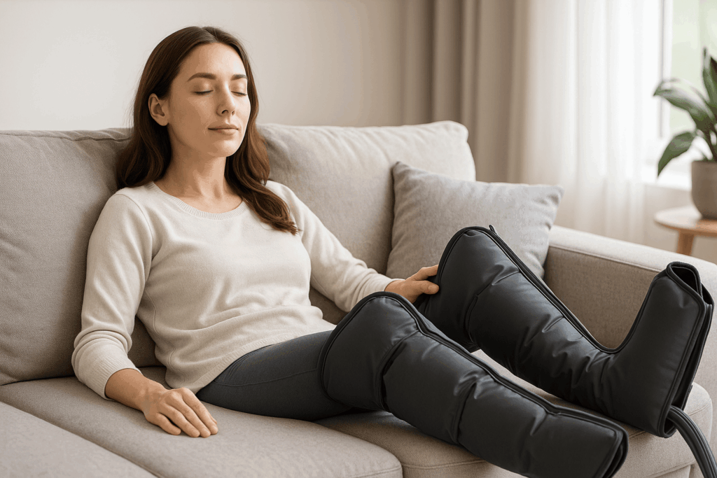 personne profitant des bienfaits de son bottes de pressothérapie